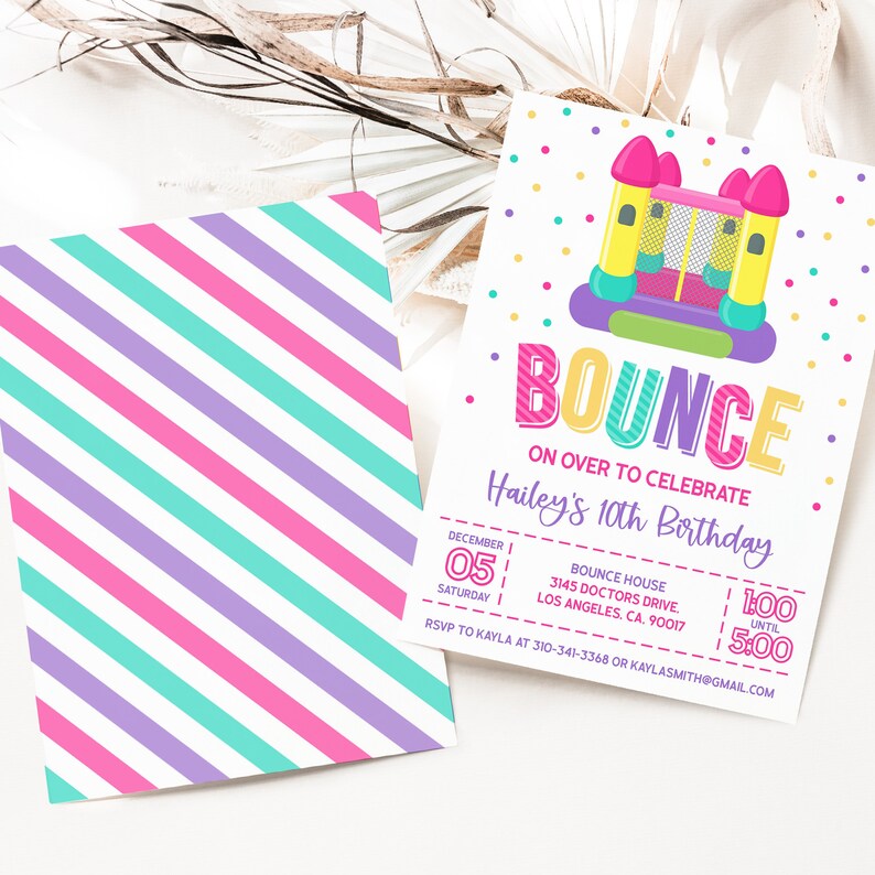 May include: A colorful invitation for a 10th birthday party with a bounce house theme. The invitation features a cartoon illustration of a bounce house with a castle design. The text on the invitation reads "BOUNCE ON OVER TO CELEBRATE Hailey's 10th Birthday". The invitation also includes the date, time, and location of the party.