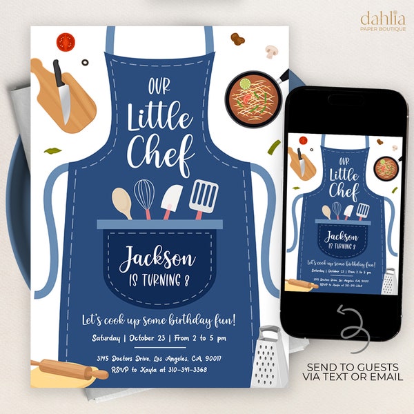 EDITABLE Cooking Birthday Invitation, Blue Kitchen Party Invite, Our Little Chef Template, Boys Baking Party, Let's Cook Up Some Fun, KP213