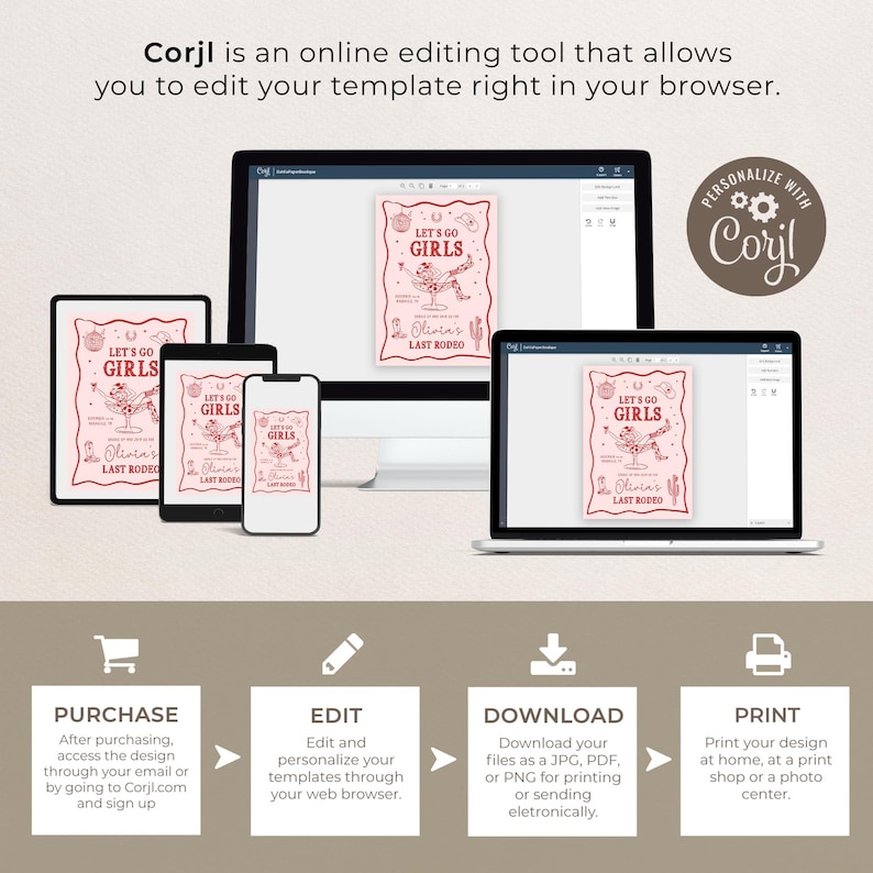 May include: A digital mockup showing how to use Corjl, an online editing tool, to personalize a printable invitation. The invitation is pink with red text and features a cartoon illustration of a woman riding a horse. The text on the invitation reads "Let's Go Girls Olivia's Last Rodeo".