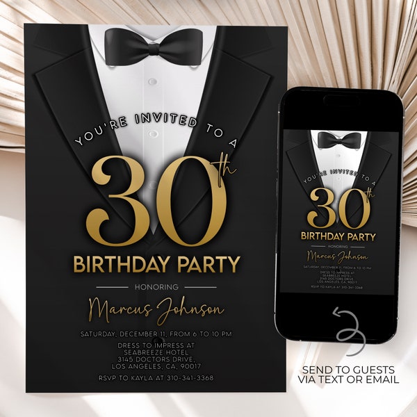 Tuxedo Birthday Invitation, Editable Black Tie Suit Birthday Invite, Adult Birthday 30 40 50 60th Any Age, Printable Digital Download, AP015