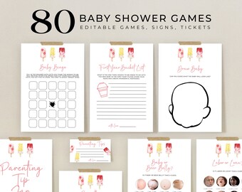 Può includere: Un set di giochi per baby shower stampabili con un tema a tema gelato all'acqua. I giochi includono Baby Bingo, First Year Bucket List, Draw Baby, Parenting Tip Jar, Baby or Beer Belly e Labor or Love.