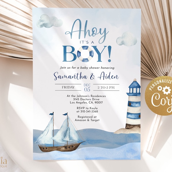 Ahoy It's A Boy Baby Shower Invitation, Editable Nautical Baby Sprinkle, Blue Boat Party Invite Template, Watercolor, Instant Download BS177