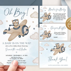 Ensemble d'invitations pour baby shower avion ours, modèle MODIFIABLE de haut en bas, invitation à une fête de bébé garçon, pilote d'aviateur, lot Bearly Wait, BS193