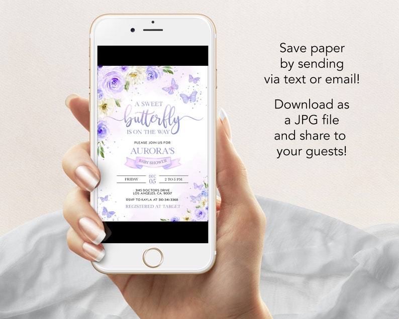 EDITABLE Butterfly Baby Shower Invitation, Magical Garden Invite Template, Floral Lilac Purple and Gold Girl Party Instant Download BS130 image 4