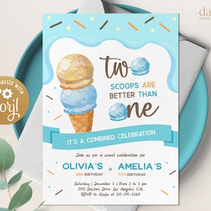 Ice Cream Joint Birthday Invitation, EDITABLE Blue Ice Cream Combined Party Template, Two Scoops Are Better Than One, Instant Download IC006