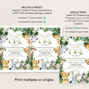 May include: A printable baby shower invitation with a jungle theme. The invitation features a watercolour illustration of a giraffe, elephant, monkey, cheetah, and meerkat. The text on the invitation reads "A Little Wild One is on the Way".