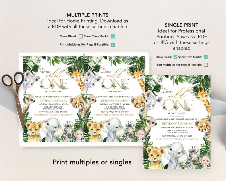 May include: A printable baby shower invitation with a jungle theme. The invitation features a watercolour illustration of a giraffe, elephant, monkey, cheetah, and meerkat. The text on the invitation reads "A Little Wild One is on the Way".
