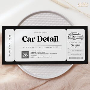 Cadeaubon autodetailing, bewerkbaar certificaat autodetailing, afdrukbare sjabloon autodetailkaart, autocoupon, autoliefhebber cadeau elke gelegenheid