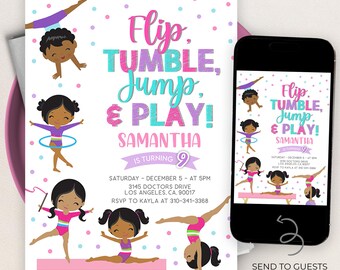 Invitación de cumpleaños de gimnasia editable, plantilla de fiesta inclusiva de gimnasia, invitación para niños y niñas gimnastas de piel morena, descarga instantánea KP441
