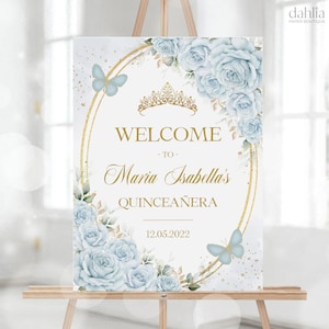 Signo de bienvenida de Quinceañera azul y dorado, estandarte de mariposa pastel EDITABLE, cartel de niña Mis Quince Anos, decoración floral del 15 cumpleaños, Q033