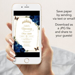 May include: A digital invitation for a Quincea&ntilde;era celebration. The invitation features a gold frame with blue flowers and butterflies. The text on the invitation reads "Quincea&ntilde;era" and "Maria Isabella".