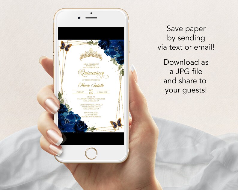 May include: A digital invitation for a Quincea&ntilde;era celebration. The invitation features a gold frame with blue flowers and butterflies. The text on the invitation reads "Quincea&ntilde;era" and "Maria Isabella".