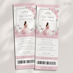 Blush Pink und Silber Quinceaña Tiara Ticket-Einladung, EDITIERBARE Mis Quince Anos-Vorlage, Schmetterling Floral 15.Geburtstags-Einladung, Q042