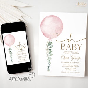 Oh Baby Balloon Baby Shower Invitation, EDITABLE Pink Watercolor Baby Sprinkle Invite, Minimalist Eucalyptus Baby Girl Digital Invite, BS215