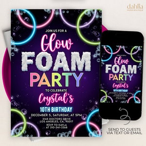 Glow Foam Party Birthday Invitation, EDITABLE Neon Summer Party Invite, Foam Dance Template, Glow in the Dark Party, Téléchargement instantané, KP280