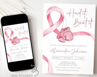 Cancer Remission Invite Template, Editable Breast Cancer Remission Party Invitation, Pink Cancer Ribbon, Instant Download Printable, CA005
