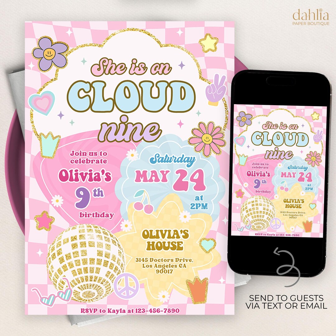Cloud 9 Birthday Invitation, Editable Preppy Pink Party Template, Wavy ...