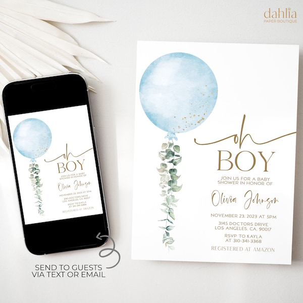 Oh Boy Balloon Baby Shower Invitation, EDITABLE Blue Watercolor Baby Sprinkle Invite, Minimalist Eucalyptus Baby Boy Digital Invite, BS215