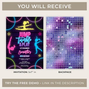 Neon Gymnastics Birthday Invitation, Jump Party Invite Template, Glow Neon Invite, Dancing, Girl Tween Birthday, Instant Download, KP118 image 3