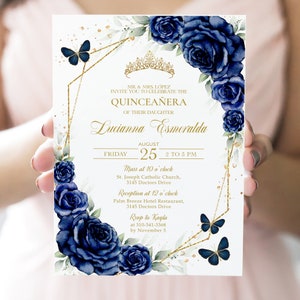 Invitación de quinceañera azul marino y dorado, plantilla EDITABLE de invitación a fiesta de cumpleaños número 15, mariposas Mis Quince Anos, descarga instantánea, Q098