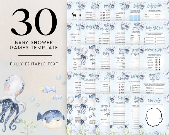 Under The Sea 30 Baby Shower Games, EDITABLE Ocean Animals Game Bundle, Nautical Games Set, Blue Boy Baby Shower, Instant Download, BS139 Il_570xn