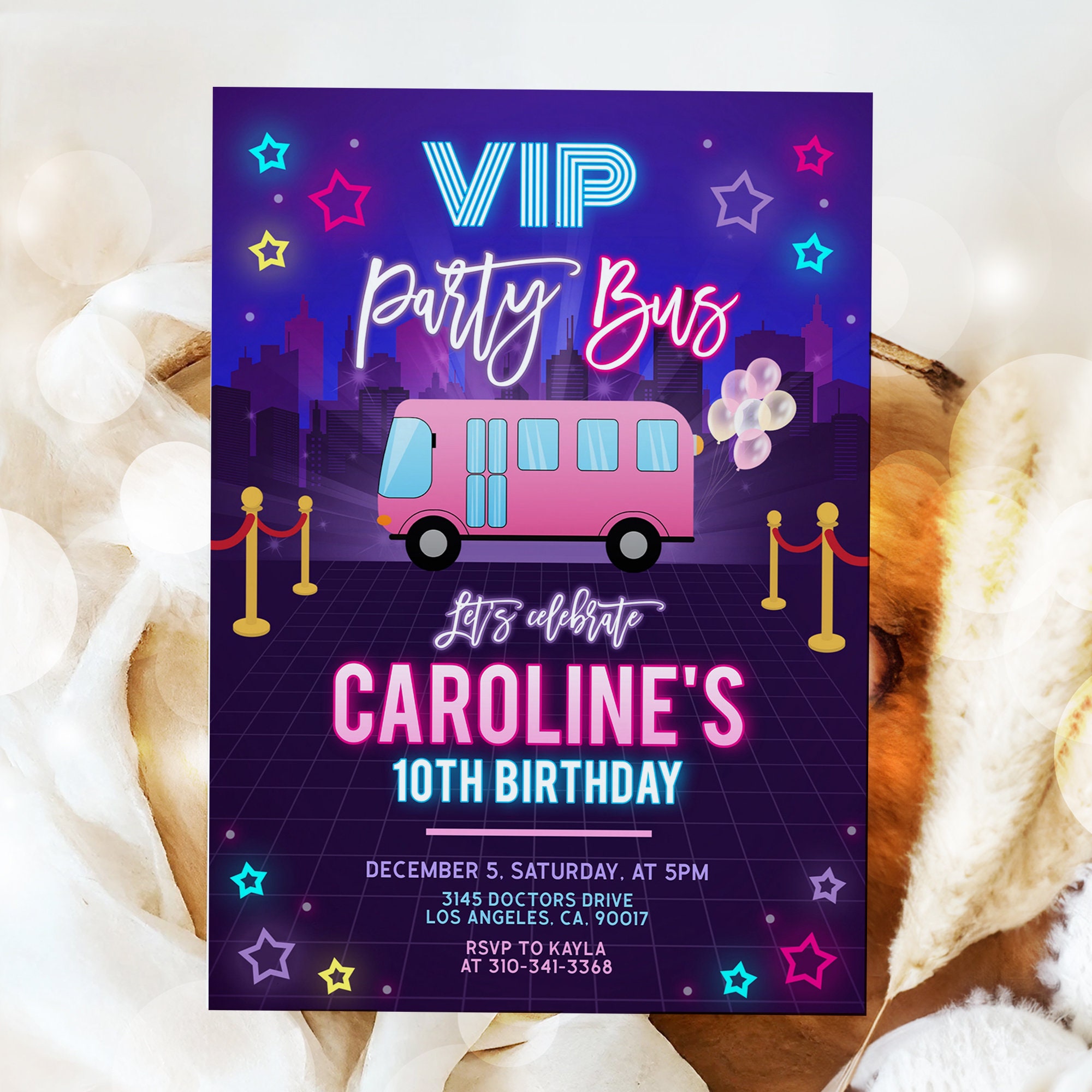 VIP Party Bus Invitation, EDITABLE Pink Limo Party Invite, Rock