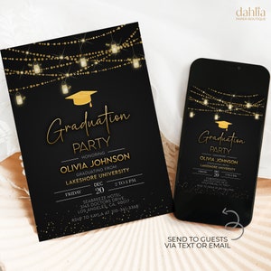 Peut inclure: Invitation à une fête de graduation noire et dorée avec des guirlandes lumineuses et un bonnet de graduation. L'invitation comprend le texte "Graduation Party", "Honoring Olivia Johnson", "Graduating from Lakeshore University", "Friday, Dec 20, 2 to 5 PM", "Seabreeze Hotel, 3145 Doctors Drive, Los Angeles, CA, 90017", et "RSVP to Kayla at 310-341-3368".