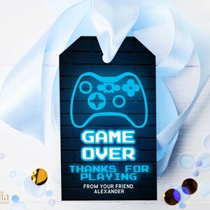 EDITIERBARE Videospiel-Geburtstags-Geschenkanhänger, Gamer-Gastgeschenk-Vorlage, blaue Neon-Glühen-Dankeschön-Etikett, Boy Game Party, Instant Download, KP070