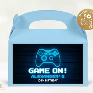Video Game Gable Box Label Template, Bewerkbare Gamer Party Sticker, Blue Glow Neon Verjaardagslabel, Gaming Party, Instant Download, KP070