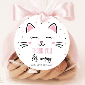 EDITABLE Kitty Cat Birthday Round Gift Tag, Purrfect Party Favor Template, Printable Baby Pink Kitten Label, Girl's Birthday Note, KP085