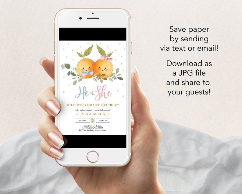 Little Cutie Gender Reveal Invitation, EDITABLE Clementine Party Invite Template, Tropical Orange Baby Shower, He Or She, Boy Or Girl, GR030 image 3