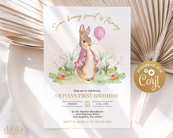 Peter Rabbit First Birthday Invitation, Editable Invite Template, Rustic Bunny, 1st Birthday, Girl Party Printable, Instant Download, Corjl Il_570xn