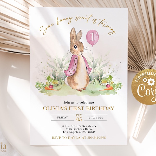 Peter Rabbit First Birthday Invitation, Editable Invite Template, Rustic Bunny, 1st Birthday, Girl Party Printable, Instant Download, Corjl