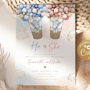 May include: A gender reveal party invitation with a pink and blue color scheme. The invitation features two elephants riding in hot air balloons, with one balloon filled with blue balloons and the other with pink balloons. The text on the invitation reads "He or She? What will baby Smith be? Join us for a gender reveal party honoring Samantha and Aiden. Saturday, December 5 at 2pm, 3143 Doctors Drive, Los Angeles, CA, 90017. RSVP to Kayla at 310-341-3368."