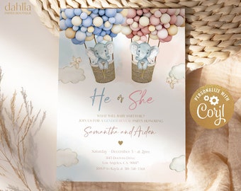 Elephant Gender Reveal Invitation, Hot Air Balloon Gender Reveal Invite Template, He Or She, Boy Or Girl, Boho Watercolor Elephant, GR011