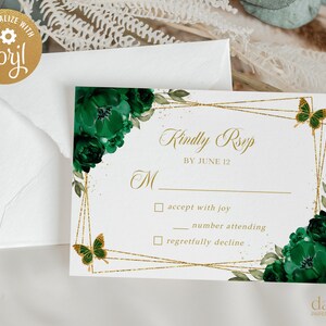 Quinceaínera RSVP Kartenvorlage, Smaragd Gold Floral Quitte druckbare, Prinzessin Mis Quince 15 Anos, DIY 15. Geburtstag, Instant Download, Q012