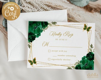 Quinceañera RSVP Card Template, Emerald Gold Floral Quince Printable, Princess Mis Quince 15 Anos, DIY 15th Birthday, Instant Download, Q012