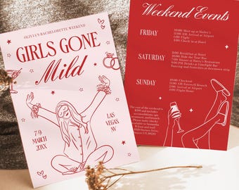 Girls Gone Mild Bachelorette Invitation, Editable Slumber Party Weekend Itinerary, Hand Drawn Girls Night Pajama, Spa Hen Party Invite BC066