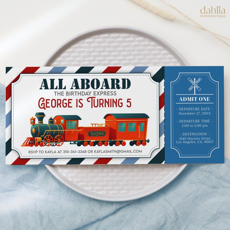 Train Birthday Ticket Invitation, Train Ticket Kids Invite, Blue Boy 1st Boarding Pass, Digital Editable Printable, Instant Download, KP253 image 1