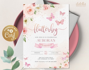 EDITIERBARE Schmetterling Geburtstagseinladung, Magischer Garten Invite Template, Floral Rose Gold und Blush Pink Girl Party, Instant Download KP060