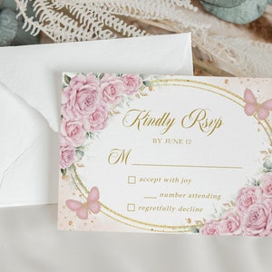 Modèle de carte RSVP Quinceañera, coing rose et or modifiable, papillon mis coings 15 ans, fille 15e anniversaire, téléchargement immédiat Q032
