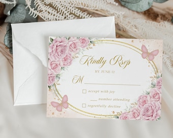 Quinceañera RSVP Card Template, Editable Blush Pink and Gold Quince, Butterfly Mis Quince 15 Anos, Girl 15th Birthday, Instant Download Q032