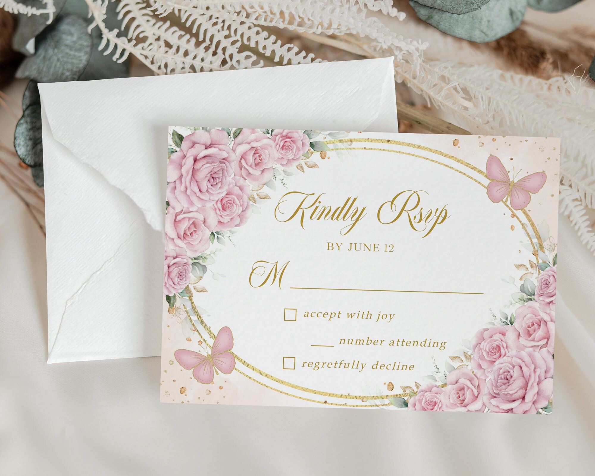 Quinceañera RSVP-kaartsjabloon, bewerkbare Blush Pink en Gold Quince, Butterfly Mis Quince 15 Anos, meisje 15e verjaardag, Instant Download Q032