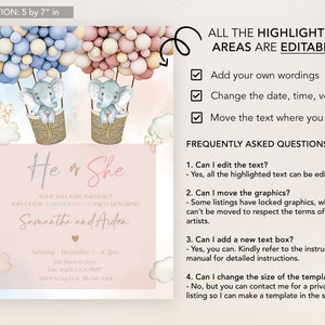 Elephant Gender Reveal Invitation, Hot Air Balloon Gender Reveal Invite Template, He Or She, Boy Or Girl, Boho Watercolor Elephant, GR011 image 3