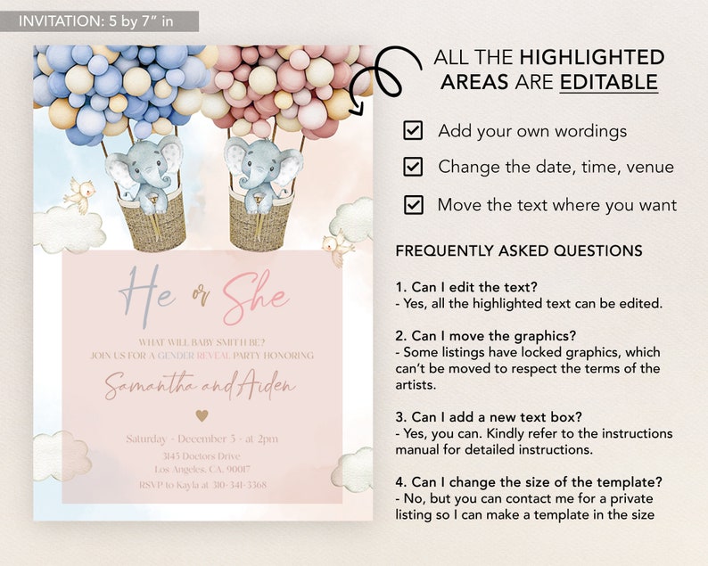 Elephant Gender Reveal Invitation, Hot Air Balloon Gender Reveal Invite Template, He Or She, Boy Or Girl, Boho Watercolor Elephant, GR011 image 3