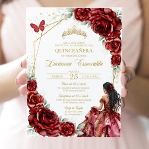 Invito Quinceañera rosso e oro bordeaux, modello modificabile per festa del 15° compleanno, farfalle di carte Mis Quince Anos, download istantaneo Q103