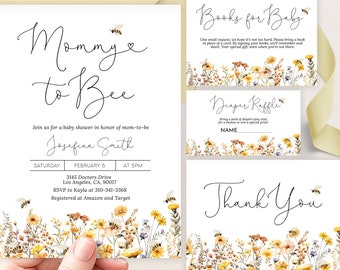 Bee Baby Shower Invitation Set, Editable Mommy To Bee Baby Shower Bundle Template, Honey Bee Printable, Bee Invite, Instant Download, BS225