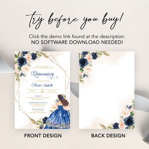 Quinceañera-uitnodiging, bewerkbare uitnodigingssjabloon in marineblauw en blush, Mis Quince Anos, 15e verjaardagsfeest, direct te downloaden, Corjl, Q001 afbeelding 6