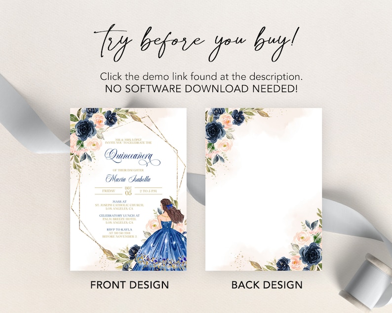 Quinceañera-uitnodiging, bewerkbare uitnodigingssjabloon in marineblauw en blush, Mis Quince Anos, 15e verjaardagsfeest, direct te downloaden, Corjl, Q001 afbeelding 6