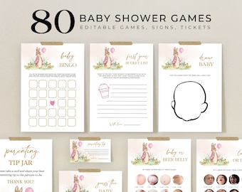 EDITABLE 80 Peter Rabbit Baby Shower Games, Rustic Bunny Game Bundle, Games Set, Spring Garden, Flopsy Bunny, Pink, Instant Download, BS133